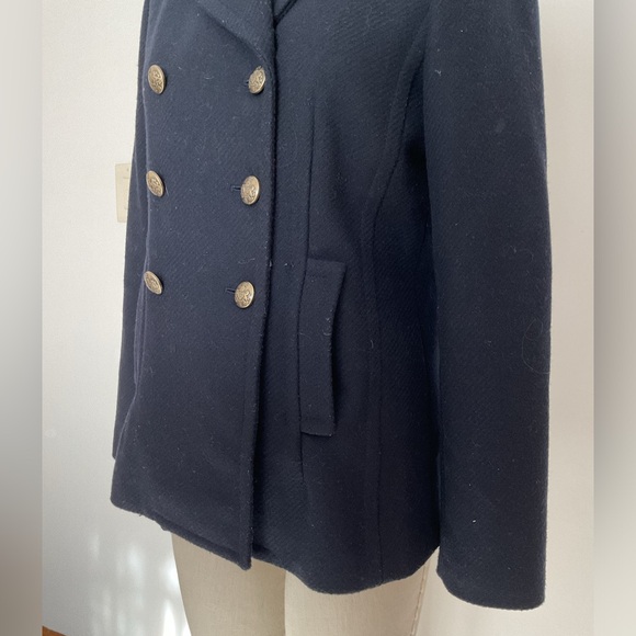 Banana Republic Navy Blue Double Breasted Wool Pea Coat with Gold Buttons - Picture 3 of 12